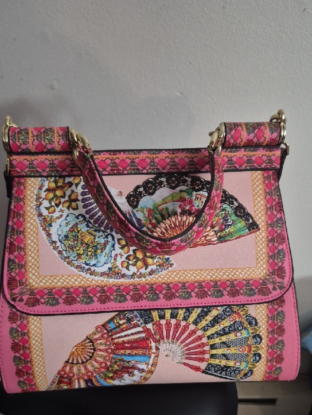 Pink Fan-Embellished Top-Handle Satchel - Picture 4 of 9